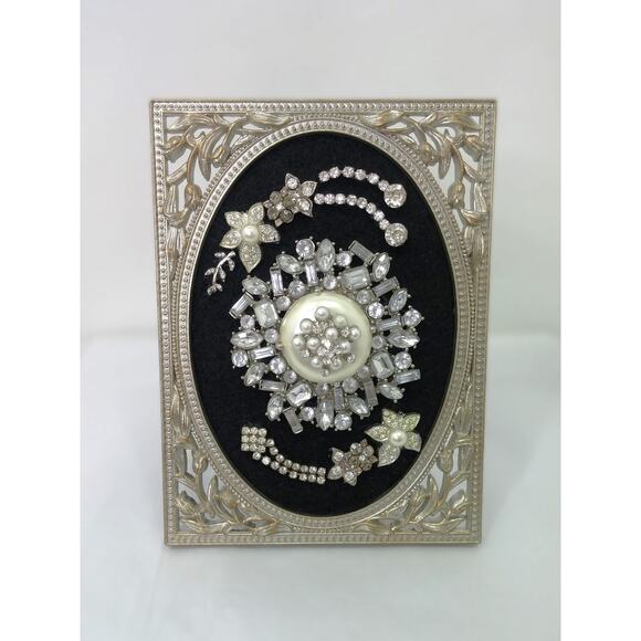 PRICE DROP! Hand Crafted Framed Floral Art - Vintage Mid-Century Rhinestone - Picture 7 of 14
